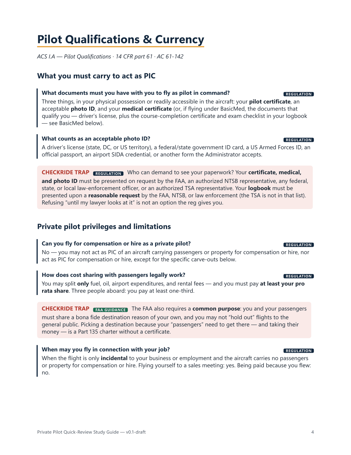 Guide page: Pilot Qualifications & Currency — oral-style questions and answers on required documents and private pilot privileges, with two red CHECKRIDE TRAP callout boxes.